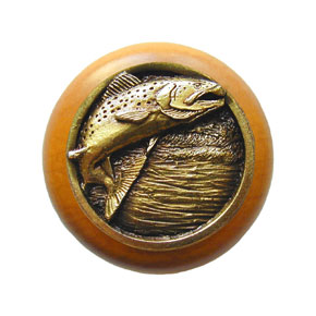 Notting Hill [NHW-708M-AB] Wood Cabinet Knob - Leaping Trout - Maple - Antique Brass Finish - 1 1/2" Dia.