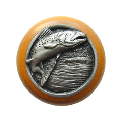 Notting Hill [NHW-708M-AP] Wood Cabinet Knob - Leaping Trout - Maple - Antique Pewter Finish - 1 1/2&quot; Dia.