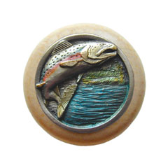 Notting Hill [NHW-708N-PHT] Wood Cabinet Knob - Leaping Trout - Natural - Hand-Tinted Antique Pewter Finish - 1 1/2&quot; Dia.