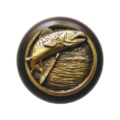 Notting Hill [NHW-708W-AB] Wood Cabinet Knob - Leaping Trout - Dark Walnut - Antique Brass Finish - 1 1/2&quot; Dia.