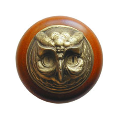 Notting Hill [NHW-711C-AB] Wood Cabinet Knob - Wise Owl - Cherry - Antique Brass Finish - 1 1/2&quot; Dia.