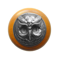 Notting Hill [NHW-711M-AP] Wood Cabinet Knob - Wise Owl - Maple - Antique Pewter Finish - 1 1/2&quot; Dia.