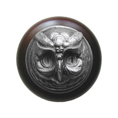 Notting Hill [NHW-711W-AP] Wood Cabinet Knob - Wise Owl - Dark Walnut - Antique Pewter Finish - 1 1/2&quot; Dia.