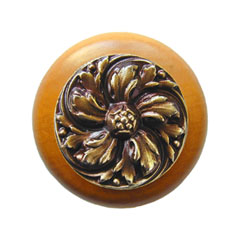 Notting Hill [NHW-714M-AB] Wood Cabinet Knob - Chrysanthemum - Maple - Antique Brass Finish - 1 1/2&quot; Dia.