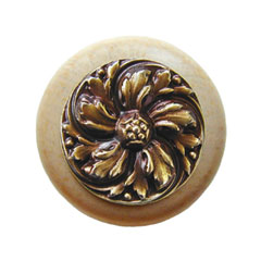 Notting Hill [NHW-714N-AB] Wood Cabinet Knob - Chrysanthemum - Natural - Antique Brass Finish - 1 1/2&quot; Dia.