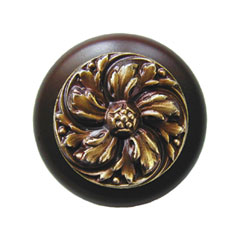 Notting Hill [NHW-714W-AB] Wood Cabinet Knob - Chrysanthemum - Dark Walnut - Antique Brass Finish - 1 1/2&quot; Dia.