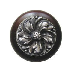 Notting Hill [NHW-714W-AP] Wood Cabinet Knob - Chrysanthemum - Dark Walnut - Antique Pewter Finish - 1 1/2&quot; Dia.