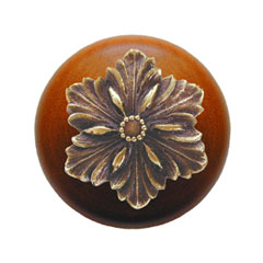 Notting Hill [NHW-725C-AB] Wood Cabinet Knob - Opulent Flower - Cherry - Antique Brass Finish - 1 1/2&quot; Dia.