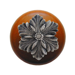 Notting Hill [NHW-725C-SN] Wood Cabinet Knob - Opulent Flower - Cherry - Satin Nickel Finish - 1 1/2&quot; Dia.