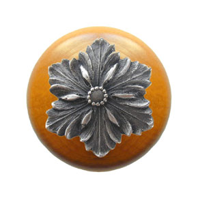 Notting Hill [NHW-725M-AP] Wood Cabinet Knob - Opulent Flower - Maple - Antique Pewter Finish - 1 1/2" Dia.