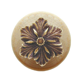 Notting Hill [NHW-725N-AB] Wood Cabinet Knob - Opulent Flower - Natural - Antique Brass Finish - 1 1/2" Dia.