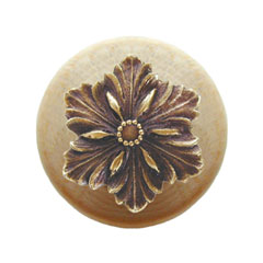 Notting Hill [NHW-725N-AB] Wood Cabinet Knob - Opulent Flower - Natural - Antique Brass Finish - 1 1/2&quot; Dia.