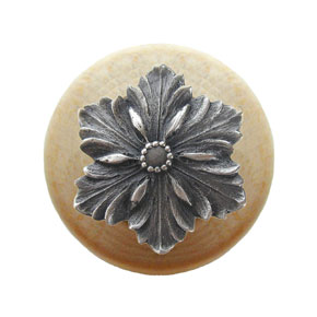 Notting Hill [NHW-725N-AP] Wood Cabinet Knob - Opulent Flower - Natural - Antique Pewter Finish - 1 1/2" Dia.