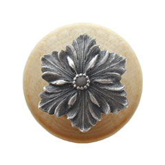 Notting Hill [NHW-725N-AP] Wood Cabinet Knob - Opulent Flower - Natural - Antique Pewter Finish - 1 1/2" Dia.