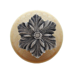 Notting Hill [NHW-725N-SN] Wood Cabinet Knob - Opulent Flower - Natural - Satin Nickel Finish - 1 1/2" Dia.
