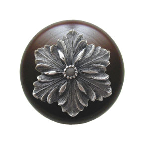 Notting Hill [NHW-725W-AP] Wood Cabinet Knob - Opulent Flower - Dark Walnut - Antique Pewter Finish - 1 1/2" Dia.