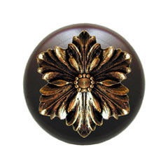 Notting Hill [NHW-725W-BB] Wood Cabinet Knob - Opulent Flower - Dark Walnut - Brite Brass Finish - 1 1/2&quot; Dia.