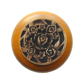 Notting Hill [NHW-726M-AB] Wood Cabinet Knob - Saratoga Rose - Maple - Antique Brass Finish - 1 1/2" Dia.