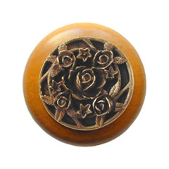 Notting Hill [NHW-726M-AB] Wood Cabinet Knob - Saratoga Rose - Maple - Antique Brass Finish - 1 1/2&quot; Dia.