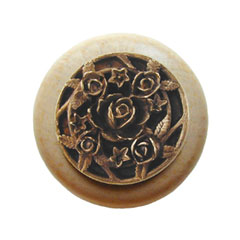 Notting Hill [NHW-726N-AB] Wood Cabinet Knob - Saratoga Rose - Natural - Antique Brass Finish - 1 1/2&quot; Dia.