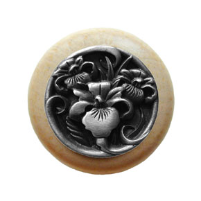 Notting Hill [NHW-728N-AP] Wood Cabinet Knob - River Iris - Natural - Antique Pewter Finish - 1 1/2" Dia.
