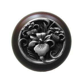 Notting Hill [NHW-728W-AP] Wood Cabinet Knob - River Iris - Dark Walnut - Antique Pewter Finish - 1 1/2" Dia.