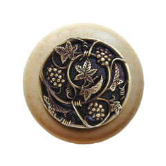 Notting Hill [NHW-729N-AB] Wood Cabinet Knob - Grapevines - Natural - Antique Brass Finish - 1 1/2&quot; Dia.