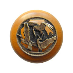 Notting Hill [NHW-737M-AB] Wood Cabinet Knob - Crane Dance - Maple - Antique Brass Finish - 1 1/2&quot; Dia.