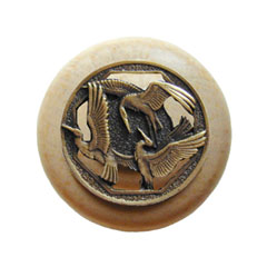 Notting Hill [NHW-737N-AB] Wood Cabinet Knob - Crane Dance - Natural - Antique Brass Finish - 1 1/2&quot; Dia.