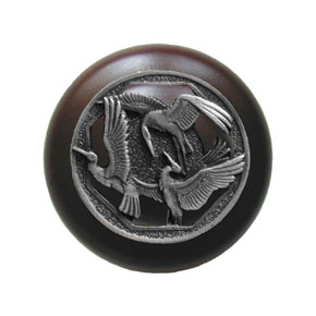 Notting Hill [NHW-737W-AP] Wood Cabinet Knob - Crane Dance - Dark Walnut - Antique Pewter Finish - 1 1/2" Dia.