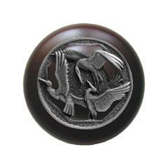 Notting Hill [NHW-737W-AP] Wood Cabinet Knob - Crane Dance - Dark Walnut - Antique Pewter Finish - 1 1/2" Dia.