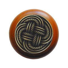 Notting Hill [NHW-739C-AB] Wood Cabinet Knob - Classic Weave - Cherry - Antique Brass Finish - 1 1/2" Dia.