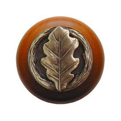 Notting Hill [NHW-744C-AB] Wood Cabinet Knob - Oak Leaf - Cherry - Antique Brass Finish - 1 1/2" Dia.