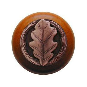 Notting Hill [NHW-744C-AC] Wood Cabinet Knob - Oak Leaf - Cherry - Antique Copper Finish - 1 1/2" Dia.