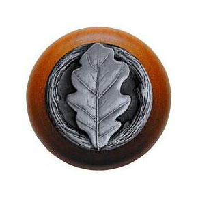 Notting Hill [NHW-744C-AP] Wood Cabinet Knob - Oak Leaf - Cherry - Antique Pewter Finish - 1 1/2" Dia.