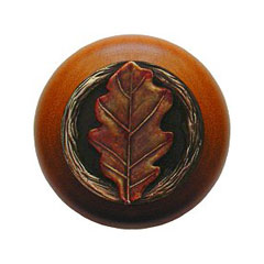 Notting Hill [NHW-744C-BHT] Wood Cabinet Knob - Oak Leaf - Cherry - Hand-Tinted Antique Brass Finish - 1 1/2" Dia.