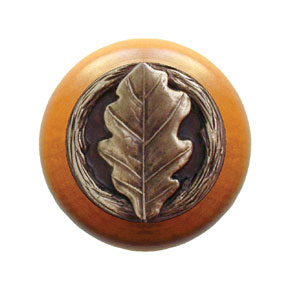 Notting Hill [NHW-744M-AB] Wood Cabinet Knob - Oak Leaf - Maple - Antique Brass Finish - 1 1/2" Dia.