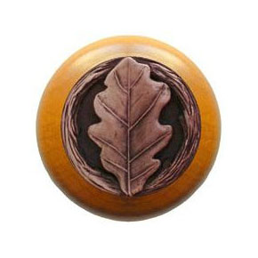 Notting Hill [NHW-744M-AC] Wood Cabinet Knob - Oak Leaf - Maple - Antique Copper Finish - 1 1/2" Dia.