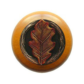 Notting Hill [NHW-744M-BHT] Wood Cabinet Knob - Oak Leaf - Maple - Hand-Tinted Antique Brass Finish - 1 1/2" Dia.