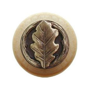 Notting Hill [NHW-744N-AB] Wood Cabinet Knob - Oak Leaf - Natural - Antique Brass Finish - 1 1/2" Dia.