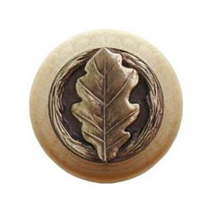 Notting Hill [NHW-744N-AB] Wood Cabinet Knob - Oak Leaf - Natural - Antique Brass Finish - 1 1/2&quot; Dia.