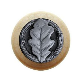 Notting Hill [NHW-744N-AP] Wood Cabinet Knob - Oak Leaf - Natural - Antique Pewter Finish - 1 1/2" Dia.