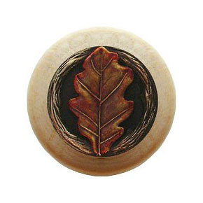 Notting Hill [NHW-744N-BHT] Wood Cabinet Knob - Oak Leaf - Natural - Hand-Tinted Antique Brass Finish - 1 1/2" Dia.