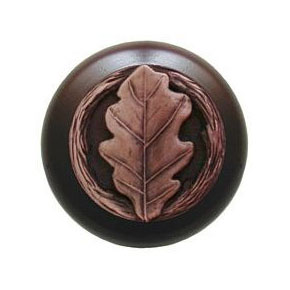 Notting Hill [NHW-744W-AC] Wood Cabinet Knob - Oak Leaf - Dark Walnut - Antique Copper Finish - 1 1/2" Dia.