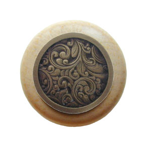 Notting Hill [NHW-759N-AB] Wood Cabinet Knob - Saddleworth - Natural - Antique Brass Finish - 1 1/2" Dia.