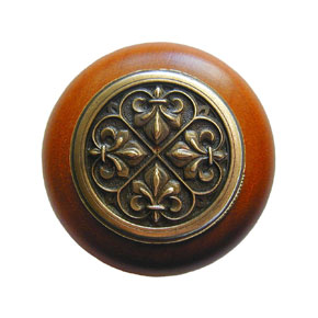 Notting Hill [NHW-760C-AB] Wood Cabinet Knob - Fleur-de-Lis - Cherry - Antique Brass Finish - 1 1/2" Dia.