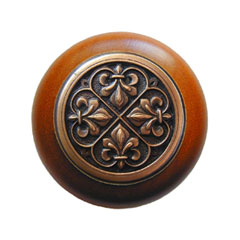 Notting Hill [NHW-760C-AC] Wood Cabinet Knob - Fleur-de-Lis - Cherry - Antique Copper Finish - 1 1/2" Dia.
