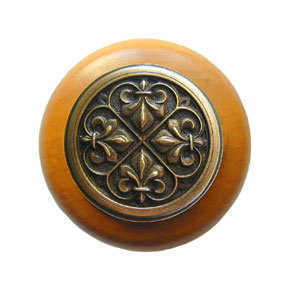 Notting Hill [NHW-760M-AB] Wood Cabinet Knob - Fleur-de-Lis - Maple - Antique Brass Finish - 1 1/2" Dia.