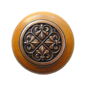 Notting Hill [NHW-760M-AC] Wood Cabinet Knob - Fleur-de-Lis - Maple - Antique Copper Finish - 1 1/2" Dia.
