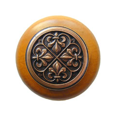 Notting Hill [NHW-760M-AC] Wood Cabinet Knob - Fleur-de-Lis - Maple - Antique Copper Finish - 1 1/2&quot; Dia.